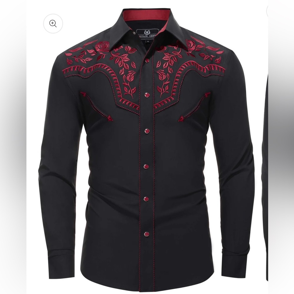 Western Black Dress Shirt with Red Embroidery